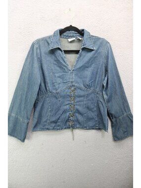 Vtg Carolina Blues Long Bell Sleeves Lace-Up Chambray Babydoll Top-Med.-Y2K-90's
